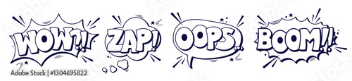Black and white speech bubbles wow zap oops boom.