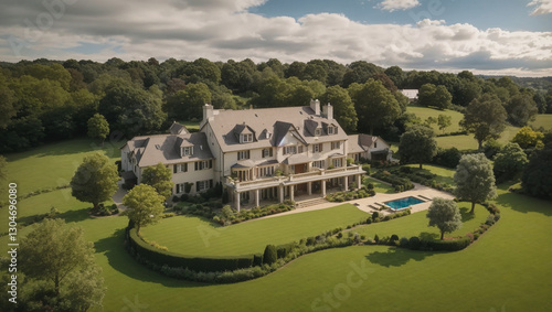 Generative AI may produce fictional properties. This image shows a large mansion in a lush green landscape with manicured lawns.