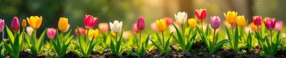 Vibrant spring flowers blooming from lush green roots in garden, blooming, growth Vibrant spring flowers blooming from lush green roots in garden, blooming, growth