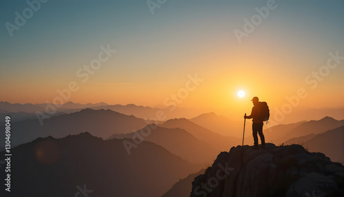 Lone Mountaineer Overlooking a Vast Valley at Sunrise