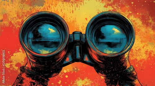 Powerful binoculars explore vibrant sunset vista.