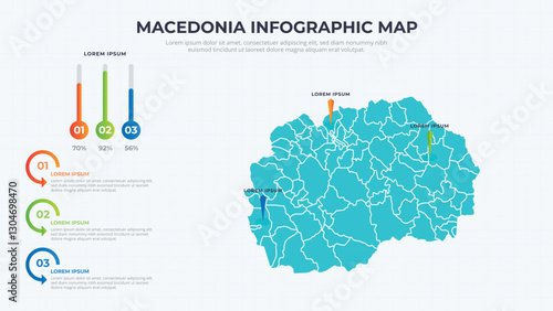 Infographic Map of Macedonia. Macedonia country map infographic colored vector template with regions and pointer marks.