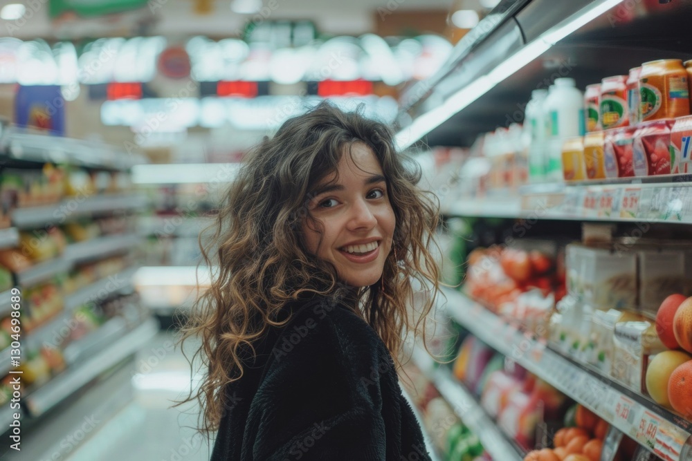 Happy young woman with curly hair shopping for groceries in a supermarket aisle filled with fresh produce and dairy products Happy young woman with curly hair shopping for groceries in a supermarket aisle filled with fresh produce and dairy products