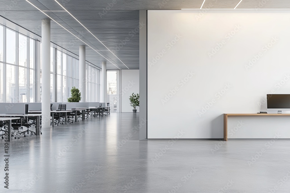 Fototapeta premium Modern open-plan office space with city view and blank wall