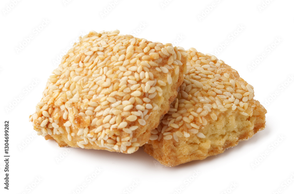 Crunchy sesame cookies stacked on a white background showcasing a delightful treat perfect for snacking or dessert Crunchy sesame cookies stacked on a white background showcasing a delightful treat perfect for snacking or dessert