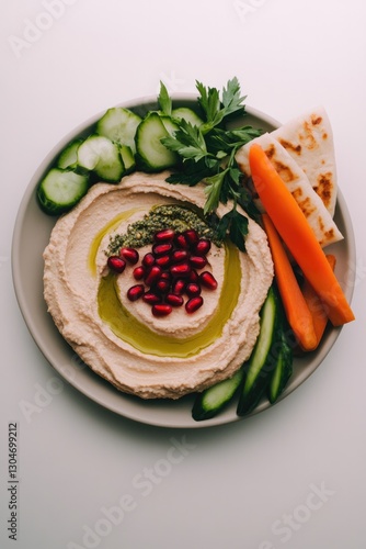 Creamy hummus topped with pomegranate seeds, served with fresh v