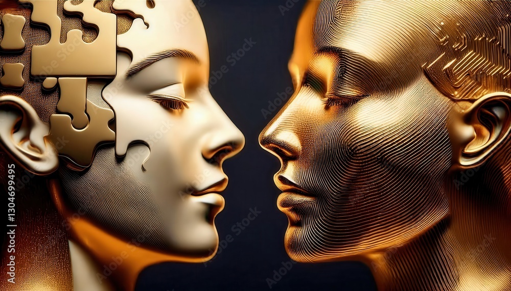 Fototapeta premium Two faces merging in a striking profile of intricate golden puzzle pieces and smooth contours