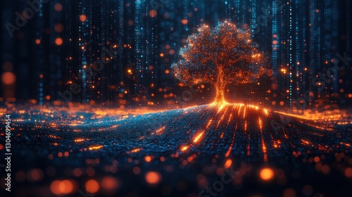 Glowing tree of light on digital landscape. photo