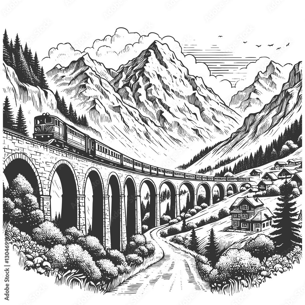 Fototapeta premium train passing over a stone viaduct, surrounded by mountains and forests. Majestic natural scene sketch engraving generative ai raster illustration. Scratch board imitation. Black and white image.