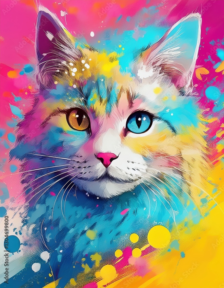 Fototapeta Abstrakte Pop-Art-Katzenillustration mit explosiven Farben und dynamischem Graffiti-Stil