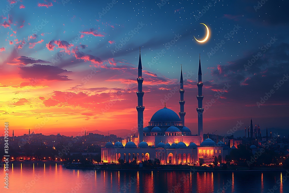 Obraz premium Mosque at Sunset with Minarets Crescent Moon and Water Reflection