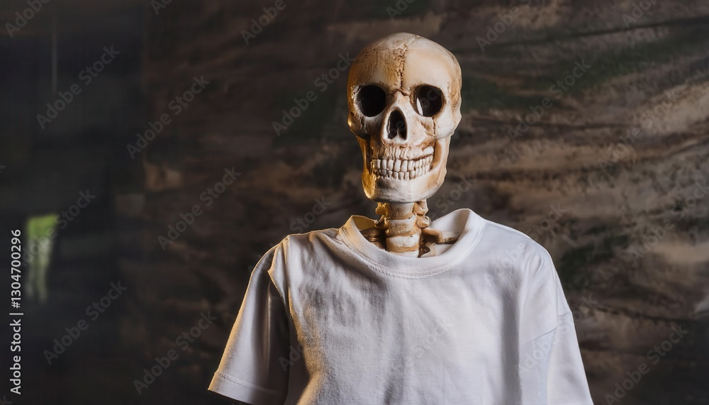 Primitive skeleton wears a white t shirt in a dimly lit setting, showcasing a unique blend of humor and the macabre Primitive skeleton wears a white t shirt in a dimly lit setting, showcasing a unique blend of humor and the macabre