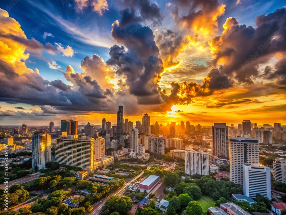Fototapeta premium Panoramic Cityscape at Sunset, Dramatic Clouds, Urban Skyline