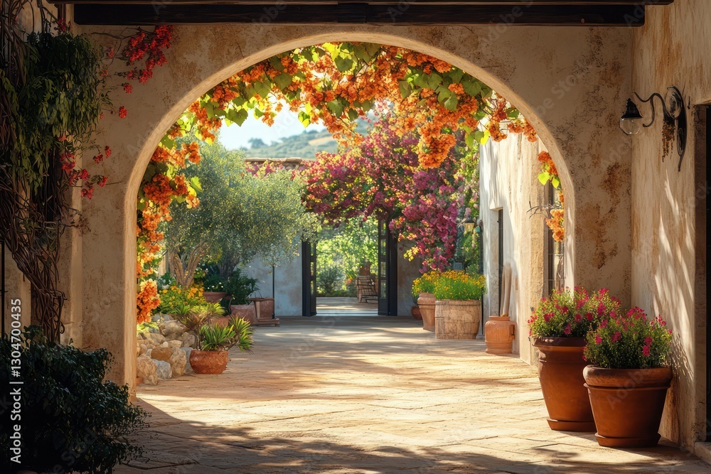 Fototapeta premium A rustic Mediterranean archway leading to a sunlit courtyard filled with flowering vines and terracotta planters