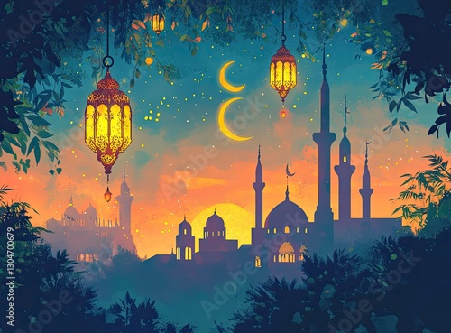 Mystical Mosque Sunset Illuminated by Lanterns, Lush Foliage photo