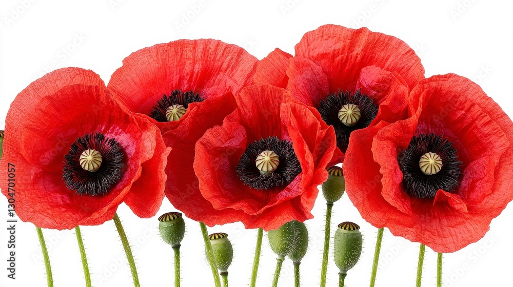 Obraz premium Vibrant Red Poppies Close Up Against White Background