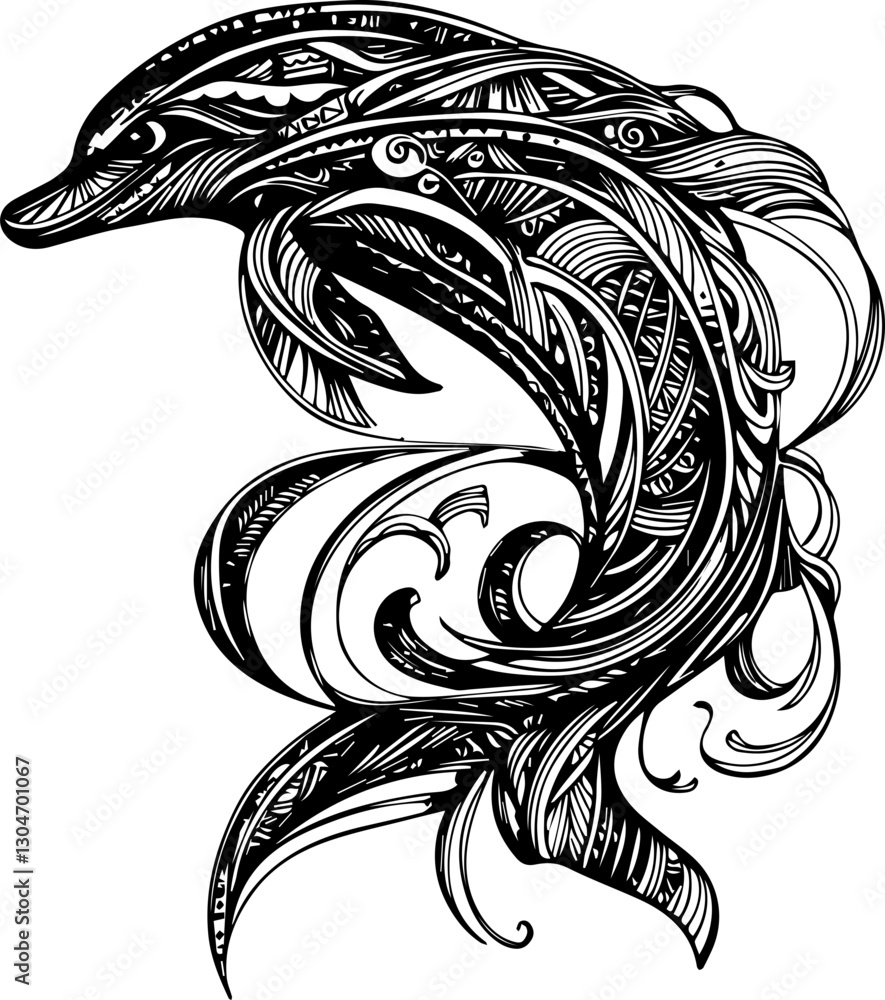 Fototapeta premium SVG vector features zentangle animal designs. Artistic Dolphin Illustration with Intricate Line Patterns