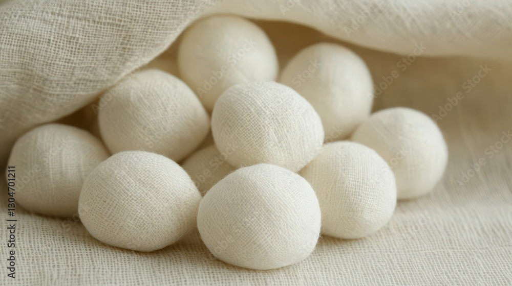 White fabric balls nestled in soft linen cloth White fabric balls nestled in soft linen cloth