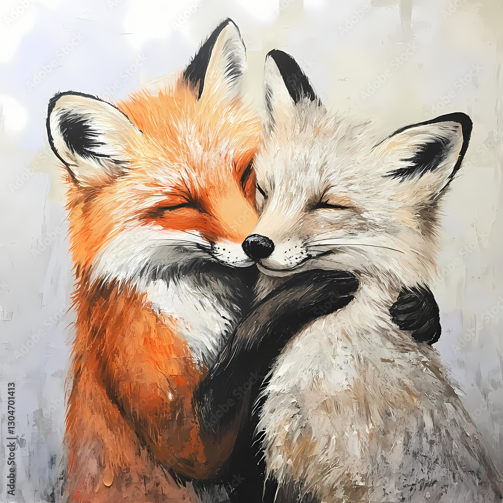 Fototapeta premium Two playful foxes embracing in a warm display of friendship. Generative AI