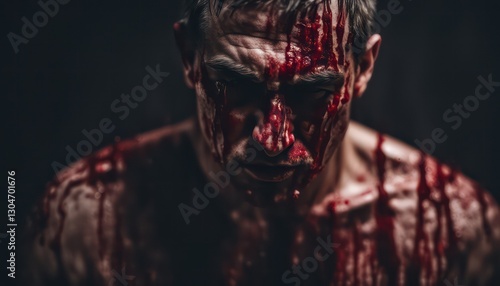 Bloodied man with intense gaze