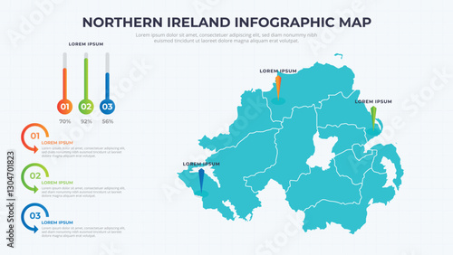Infographic Map of Northern Ireland. Northern Ireland country map infographic colored vector template with regions and pointer marks.
