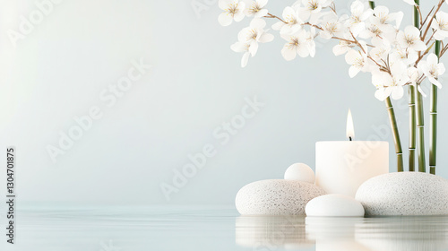 A peaceful arrangement of bamboo, white blossoms, smooth stones, and a lit candle reflects in calm water, creating a minimalist and serene spa-inspired scene.