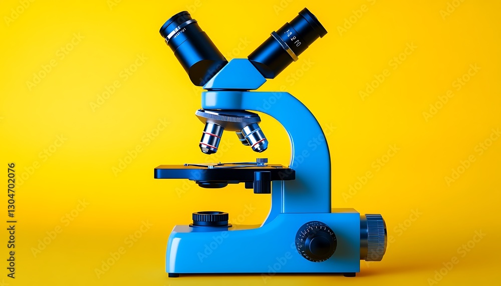 Stylish Blue Microscope with Glossy Finish and Minimalist Design A glossy, modern blue microscope displayed on a bright yellow background. Stylish Blue Microscope with Glossy Finish and Minimalist Design A glossy, modern blue microscope displayed on a bright yellow background.