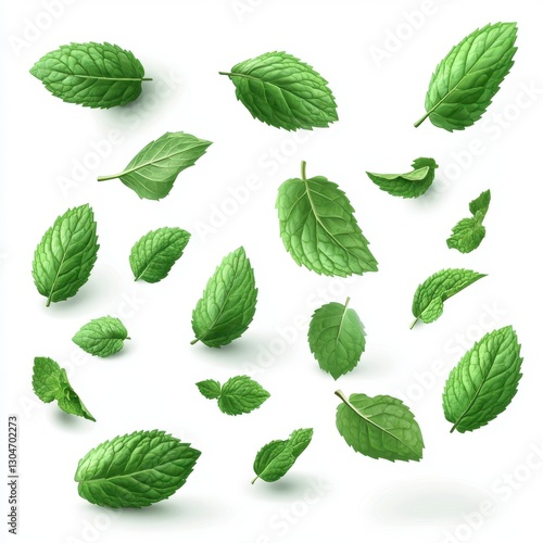 Fresh mint leaves scattered on a white background showcasing vibrant green hues and intricate leaf vein details for culinary and aromatic use
