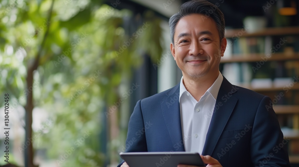 Smiling businessman using a tablet in a bright office Smiling businessman using a tablet in a bright office