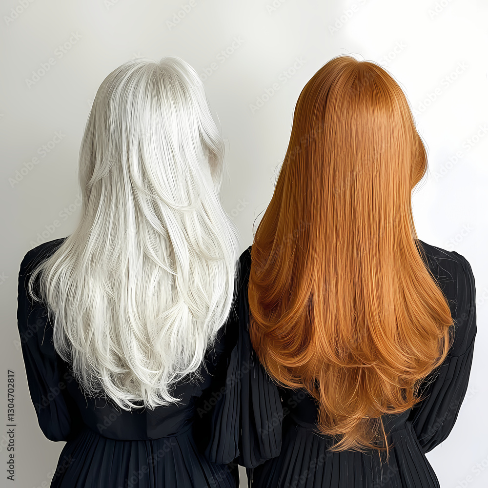 Naklejka premium Two women stand side by side, showcasing long silver and copper hair with styled waves