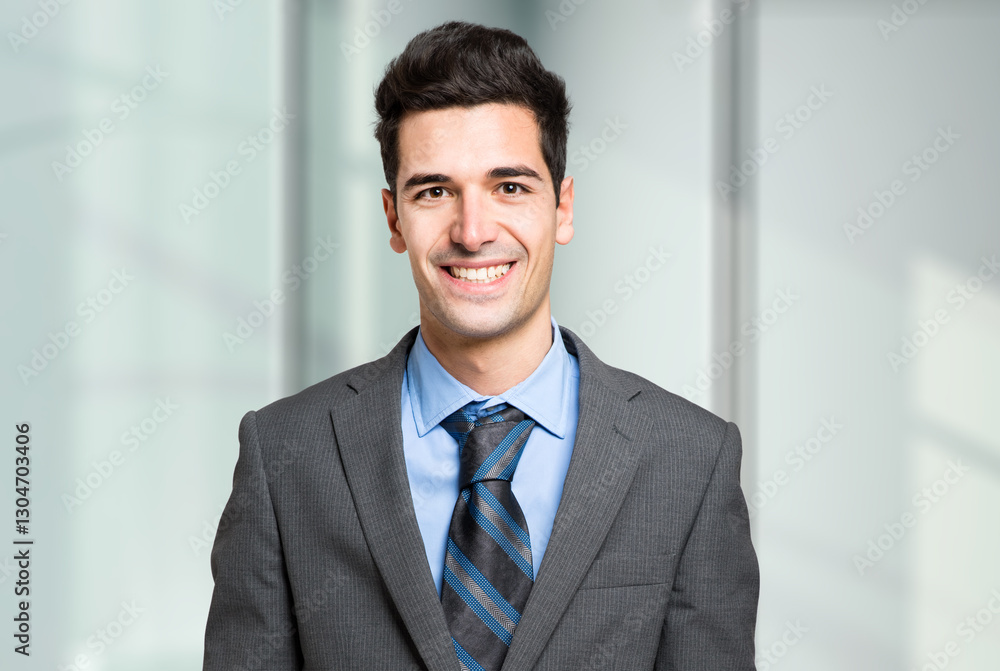 Confident businessman smiling in office setting Confident businessman smiling in office setting