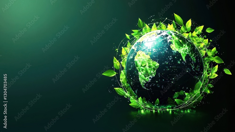 Fototapeta premium Earth to brand concept. Holographic Globe Formed by Lush Green Leaves Representing Eco Friendly Brand Identity and Sustainable Future