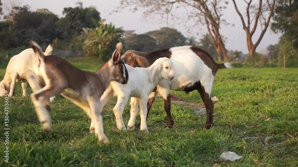 A flock of young goats are playing in a meadow, Playful goats are grazing together in a meadow, A group of little sheep are playing and grazing in a farm A flock of young goats are playing in a meadow, Playful goats are grazing together in a meadow, A group of little sheep are playing and grazing in a farm
