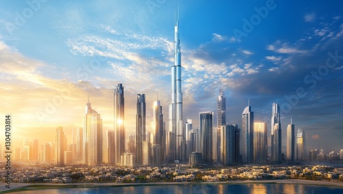 Dubai Skyline Sunrise Panorama photo