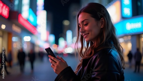 Beautiful Young Woman Using Smartphone Standing on the Night City Street Full of Neon Light. Portrait of Gorgeous Smiling Female Using Mobile Phone