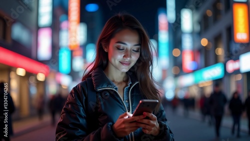 Beautiful Young Woman Using Smartphone Standing on the Night City Street Full of Neon Light. Portrait of Gorgeous Smiling Female Using Mobile Phone