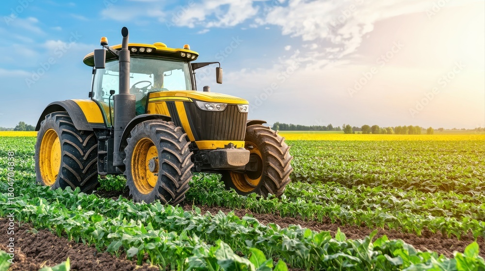 Tractor working in agricultural field representing business concept and finance in farming industry Tractor working in agricultural field representing business concept and finance in farming industry