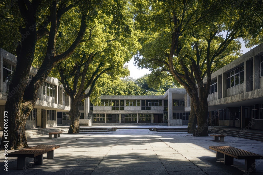 Obraz premium A school surrounded by large trees, featuring symmetric concrete buildings and an open-air courtyard with benches