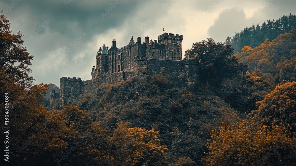 Majestic castle perched atop a hill, surrounded by lush autumnal forest, under a dramatic sky. Majestic castle perched atop a hill, surrounded by lush autumnal forest, under a dramatic sky.
