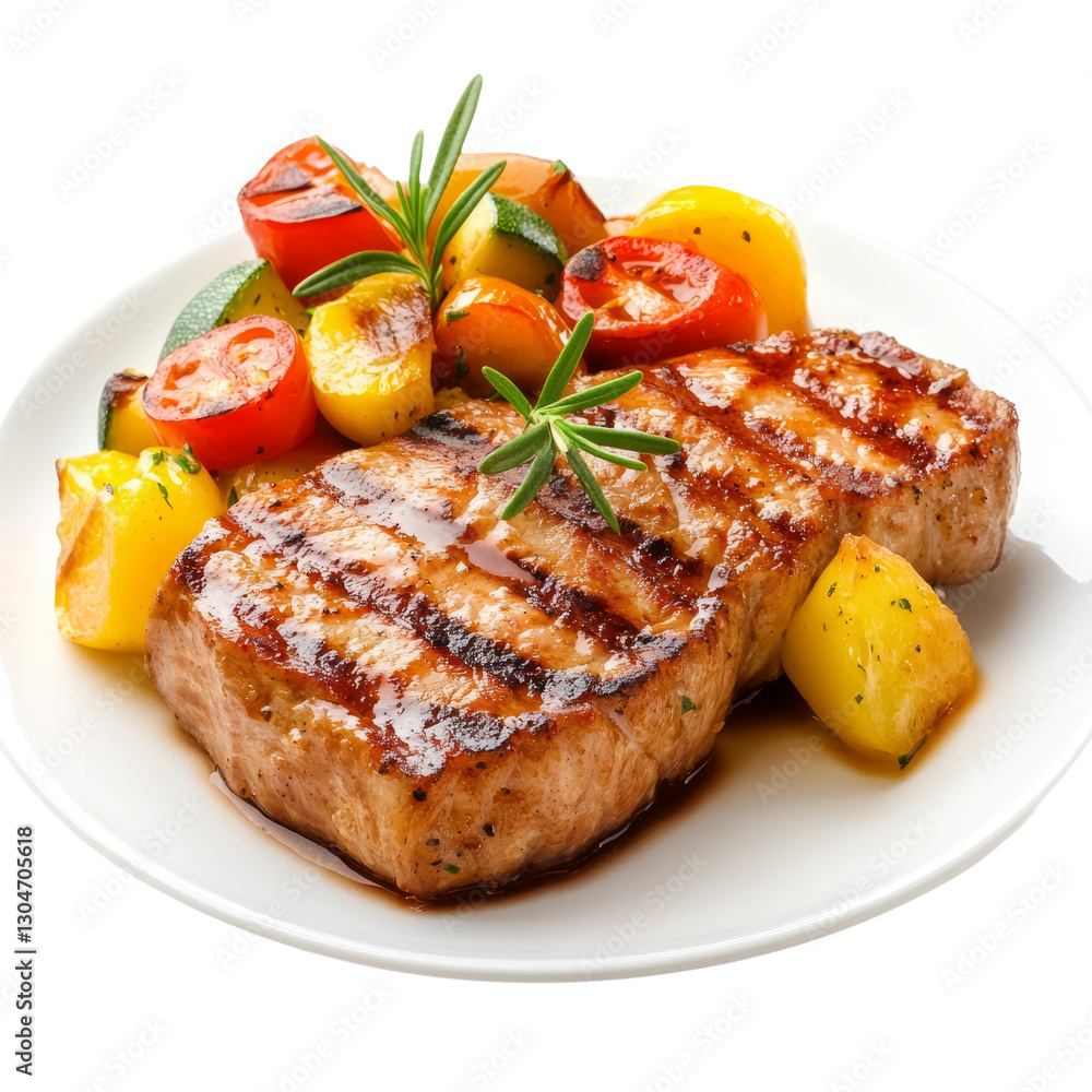 Grilled pork with vegetables isolated on white background Grilled pork with vegetables isolated on white background