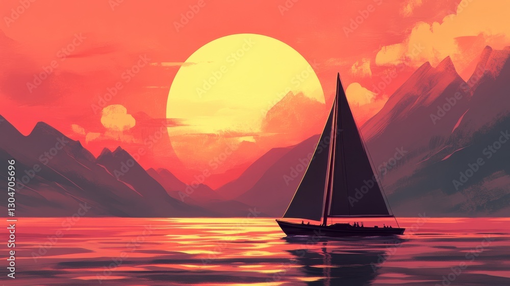 Fototapeta premium Sunset Sailboat on Calm Waters with Majestic Mountains in Background