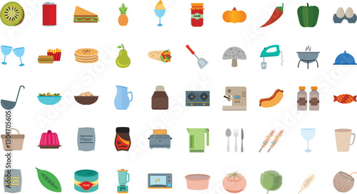 Food and Drink Multicolor Editable Icons set. Vector illustration in thin multicolor style of nutrition related icons: vegetables, fruits, desserts, meat, baked goods, drinks, and more.
