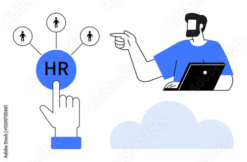 Finger pressing HR button connecting to people icons, man on laptop pointing interaction. Ideal for HR management, recruitment, team building, employee allocation, networking, communication, digital
