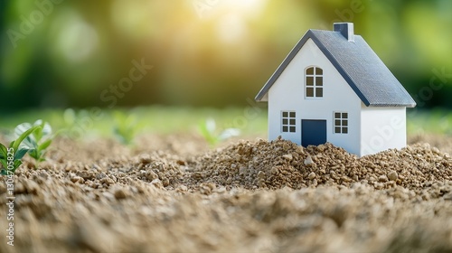 Small house on a dirt mound with business concept of mortgage interest rate and depth of field effect