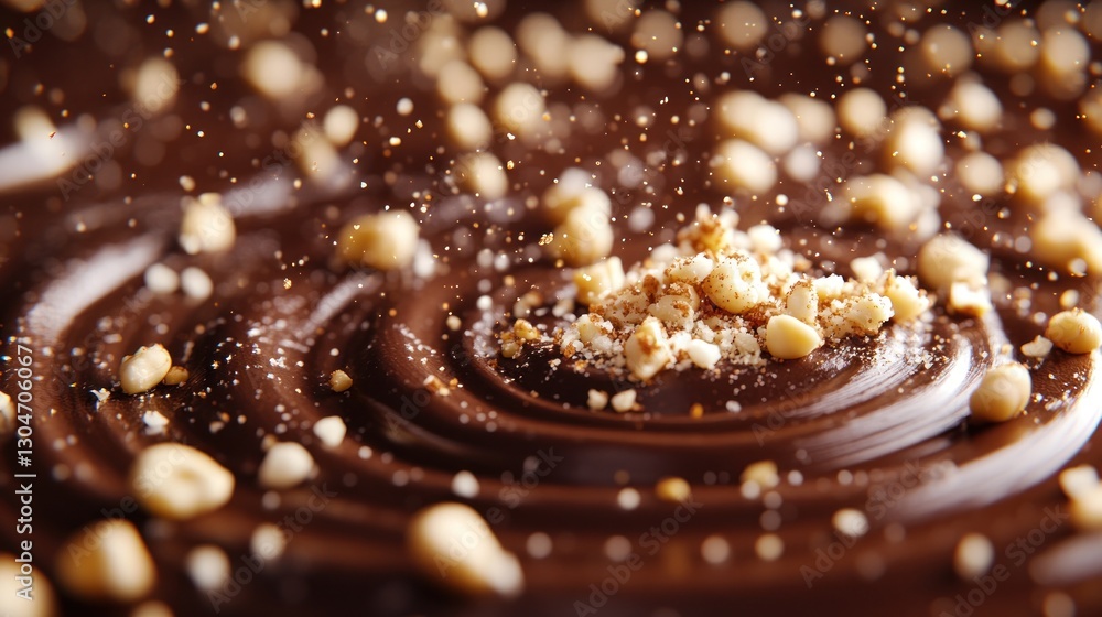 Melted chocolate swirl with chopped nuts, splashing, close-up. Possible use food photography Melted chocolate swirl with chopped nuts, splashing, close-up. Possible use food photography