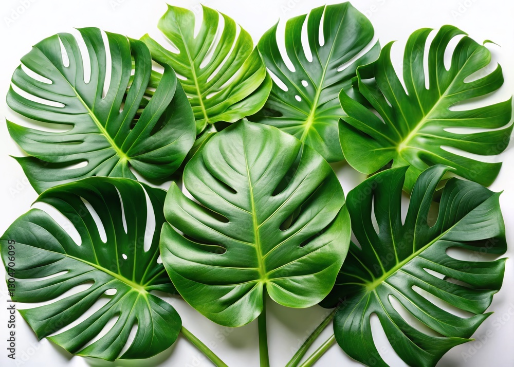 Panoramic View of Isolated Monstera Leaves on White Background - Lush Tropical Foliage Panoramic View of Isolated Monstera Leaves on White Background - Lush Tropical Foliage