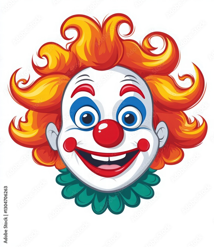 Fototapeta premium cute clown face cartoon character with red hair, blue eyes, and a yellow bow tie on a white background, simple flat design for children's illustrations