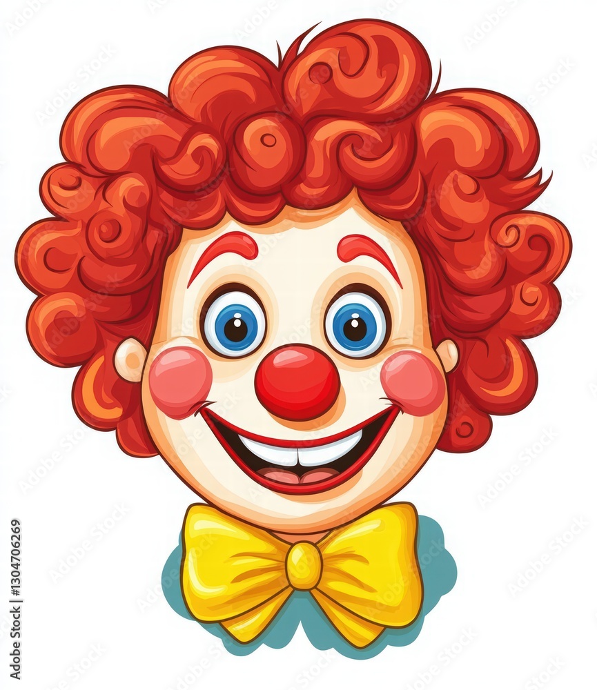 Fototapeta premium cute clown face cartoon character with red hair, blue eyes, and a yellow bow tie on a white background, simple flat design for children's illustrations