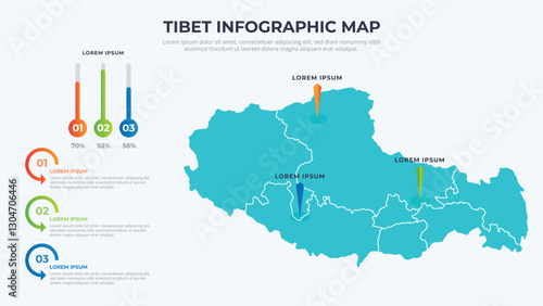 Infographic Map of Tibet. Tibet country map infographic colored vector template with regions and pointer marks.