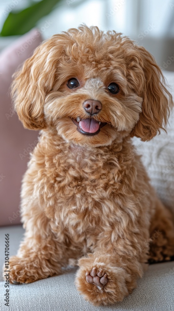 Adorable apricot poodle puppy portrait with fluffy fur and happy expression on a neutral sofa Adorable apricot poodle puppy portrait with fluffy fur and happy expression on a neutral sofa